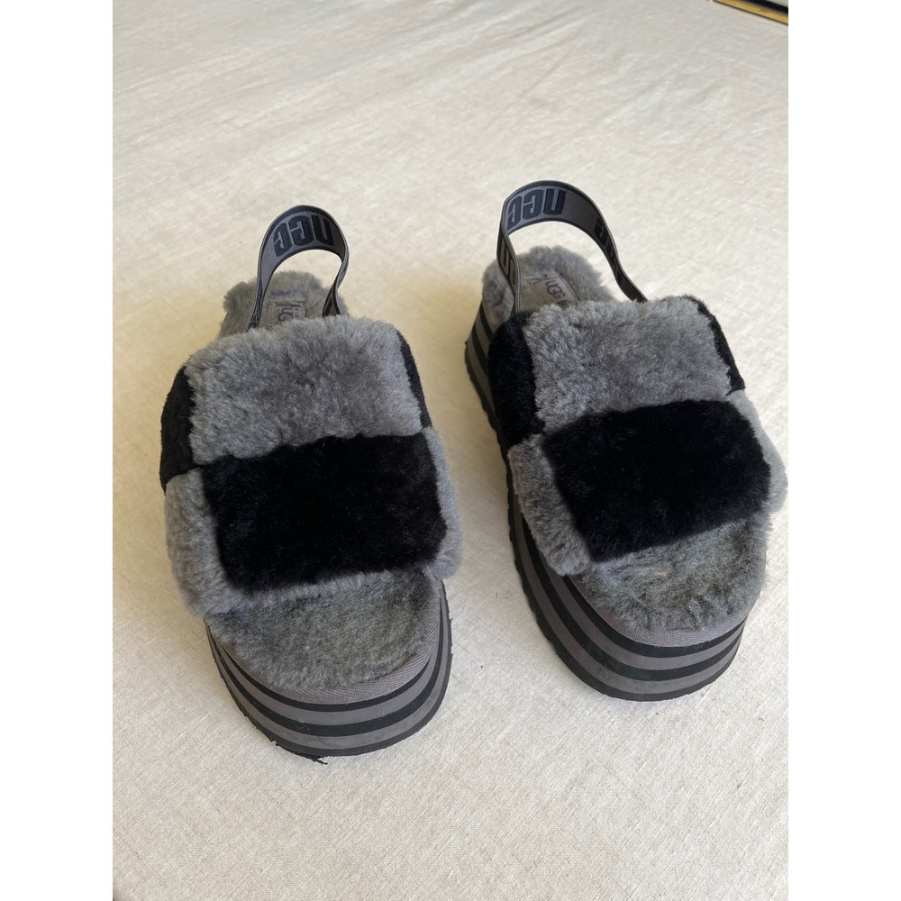 UGG Fluffita Checkerboard Platform Slides Charcoal Black Sheepskin Sandals 8